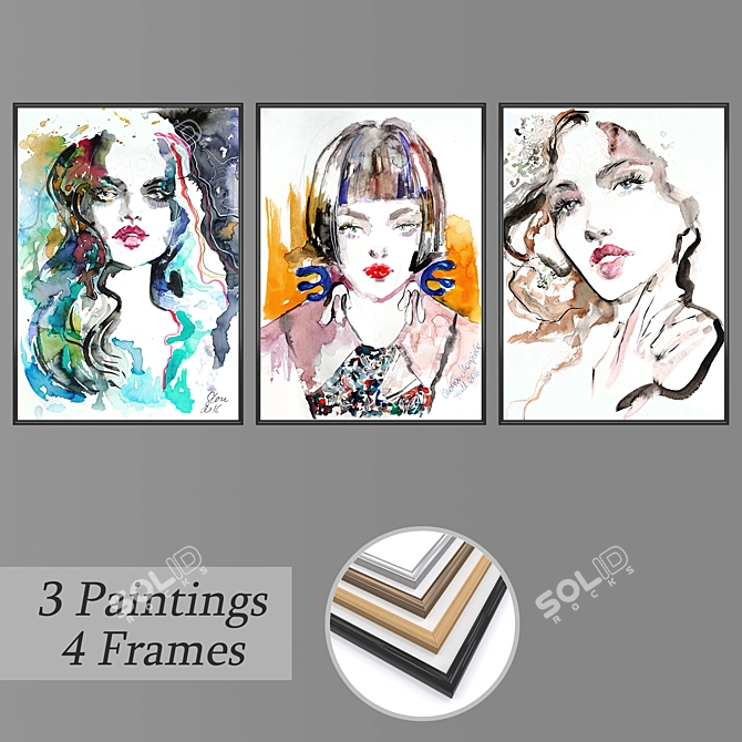 Wall Art Set with 3 Paintings & 4 Frames 3D model image 1