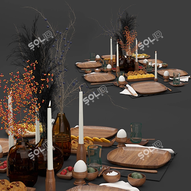 Rustic Wooden Tableware Set 3D model image 2