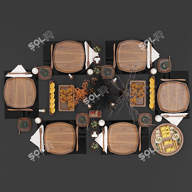 Rustic Wooden Tableware Set 3D model image 4