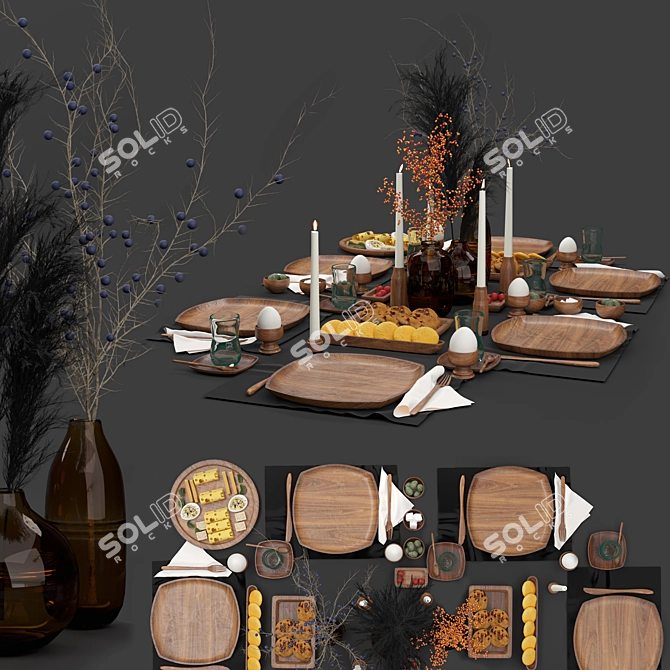 Rustic Wooden Tableware Set 3D model image 5