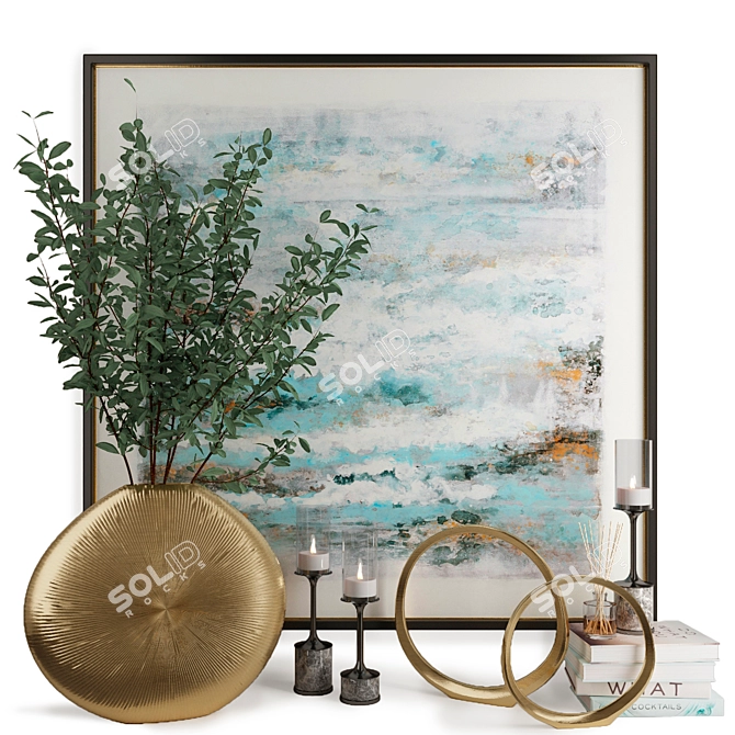 Modern Decor Set with Abstract Canvas, Golden Vase, Glass Candleholders, Golden Ring Sculptures 3D model image 3