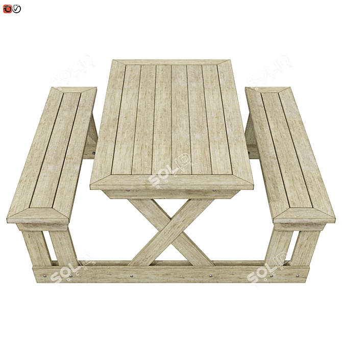 Wooden Garden Bench-Table 3D model image 2