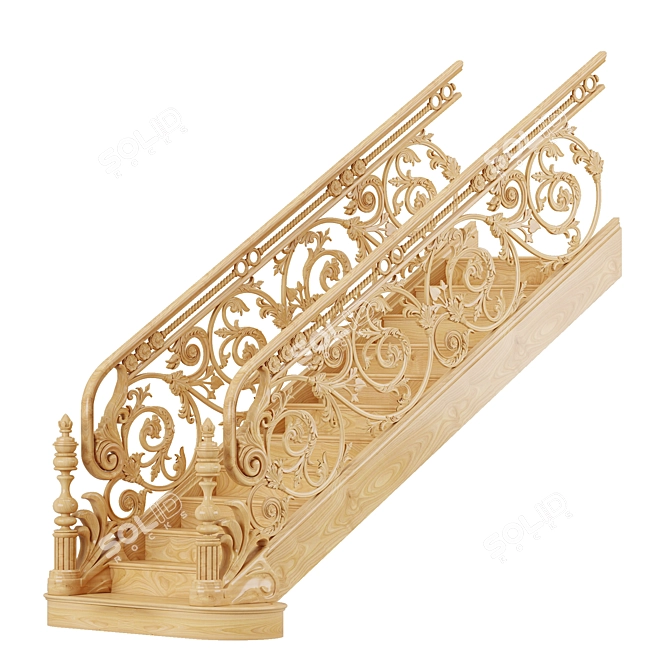 Classic Wood Carved Stair Railing 3D model image 1