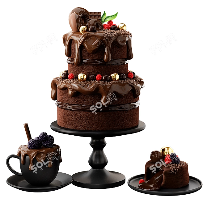 Decadent Fruit-Infused Chocolate Cake 3D model image 2