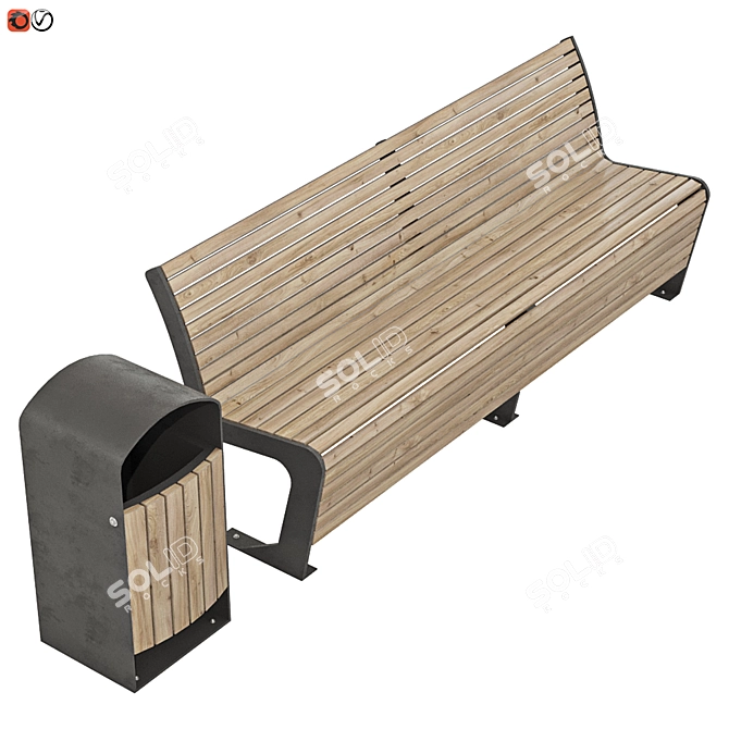 Park Bench & Trash Bin Set 3D model image 2