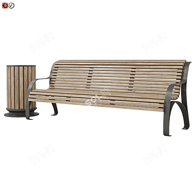 Park Bench and Trash Bin Set 3D model image 1