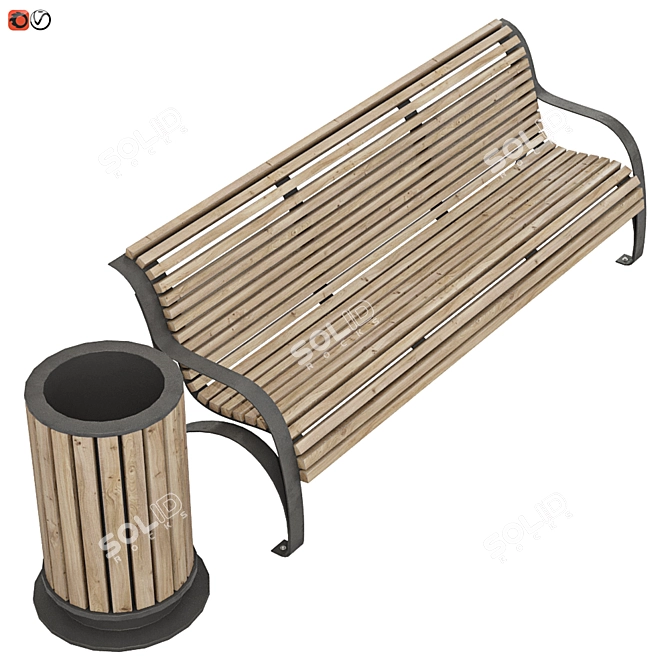 Park Bench and Trash Bin Set 3D model image 2