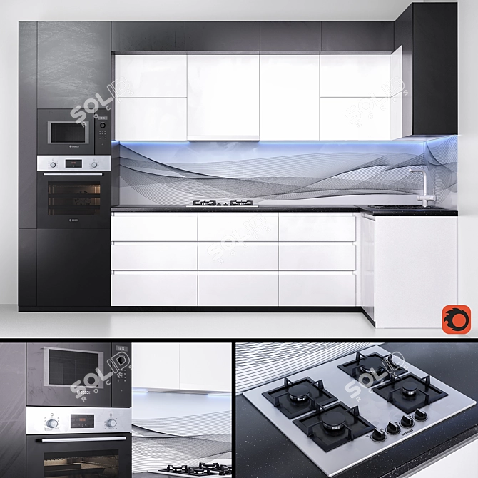 Sleek Black and White Kitchen Set 3D model image 1