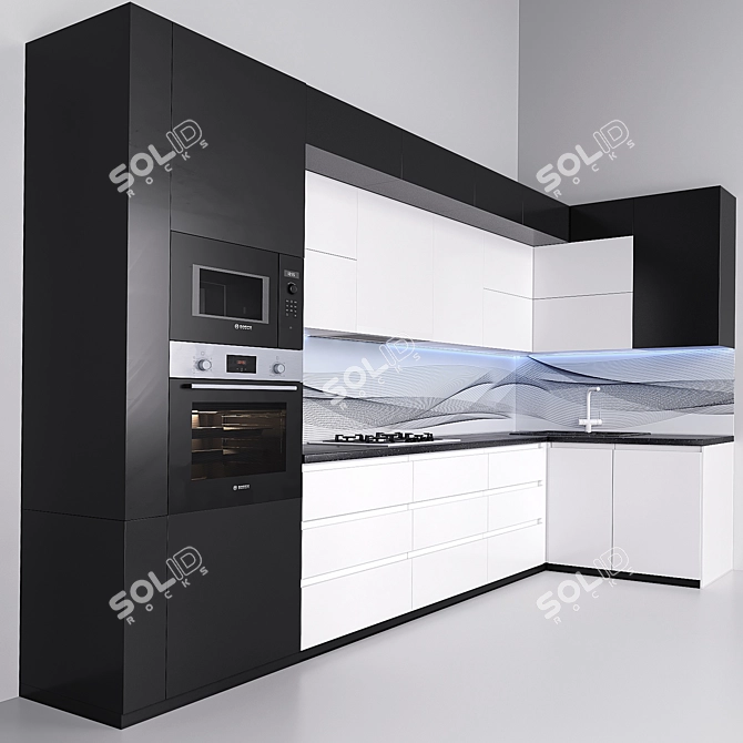 Sleek Black and White Kitchen Set 3D model image 3