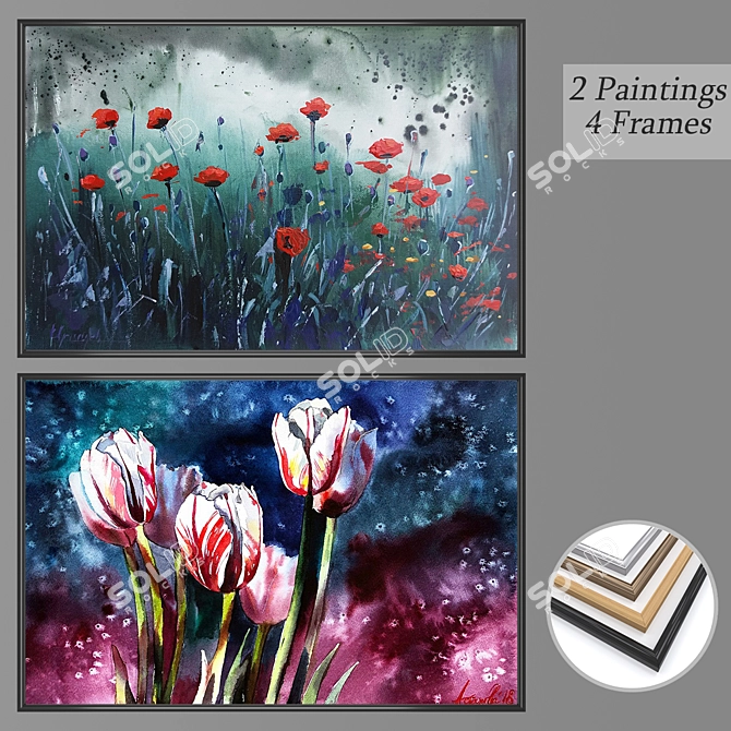 Set of Wall Paintings No. 2432 - 2 Pictures, 4 Frame Options (Plastic, Wood, Bronze, Steel)  3D model image 1