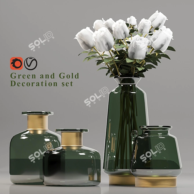 Green and Gold Decorative Vase Set 3D model image 1