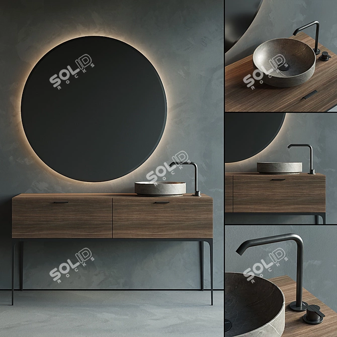 Grate 03 Vanity Set: Wood-Walled, Marble-Washed, Mirror-Lit 3D model image 1