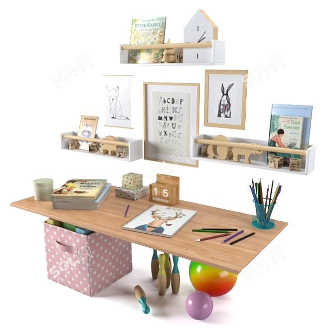 Delightful Kids Decor Set: Storage Box, Shelves, Elephant Toy & Wooden Blocks 3D model image 7