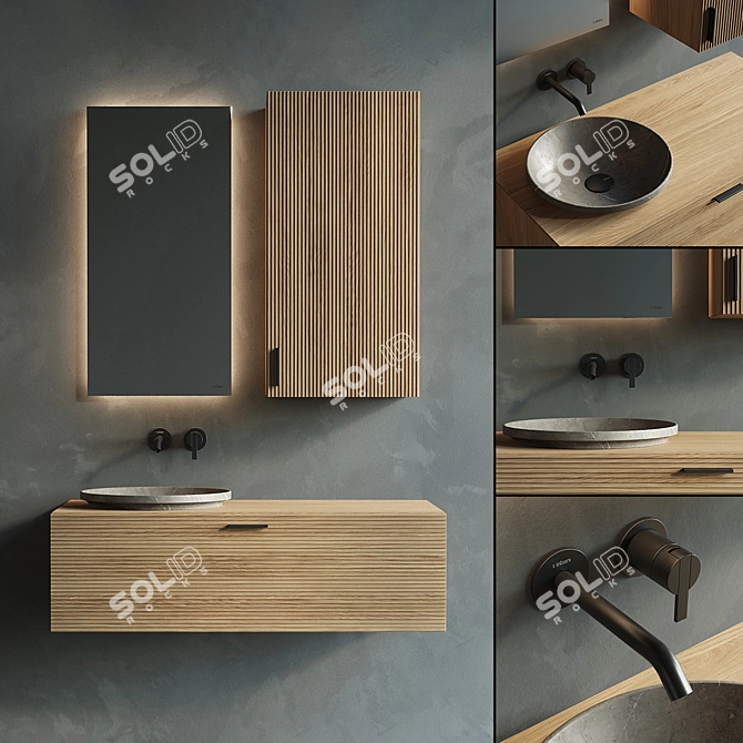 Modern Wood Vanity Set with Semi-Inset Marble Washbasin 3D model image 1