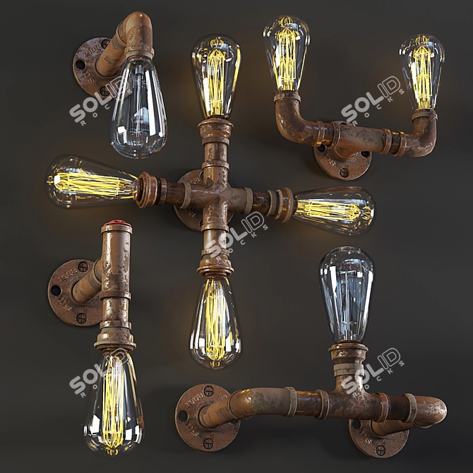 Rustic Pipe Wall Lamp 3D model image 2