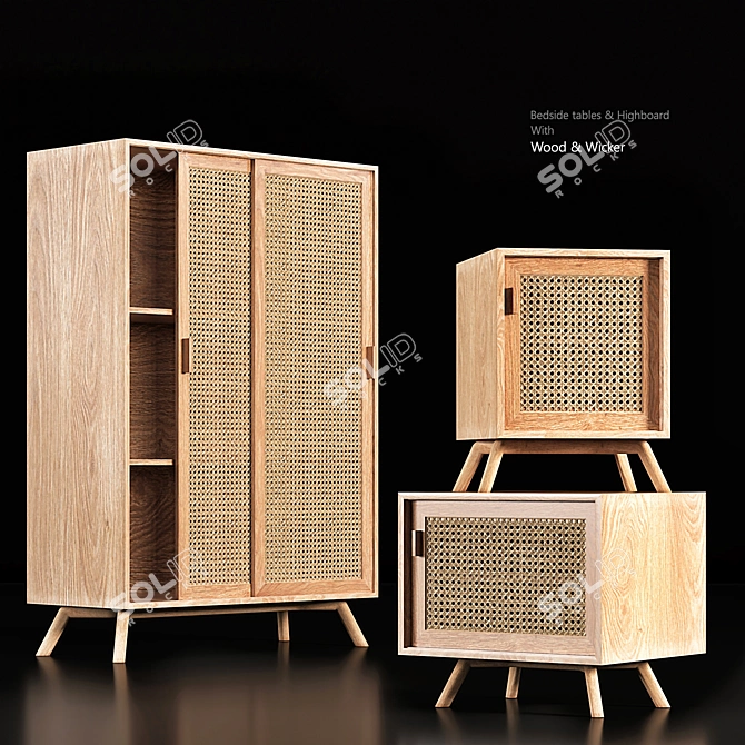 Elegant Wood & Wicker Bedside Set 3D model image 1