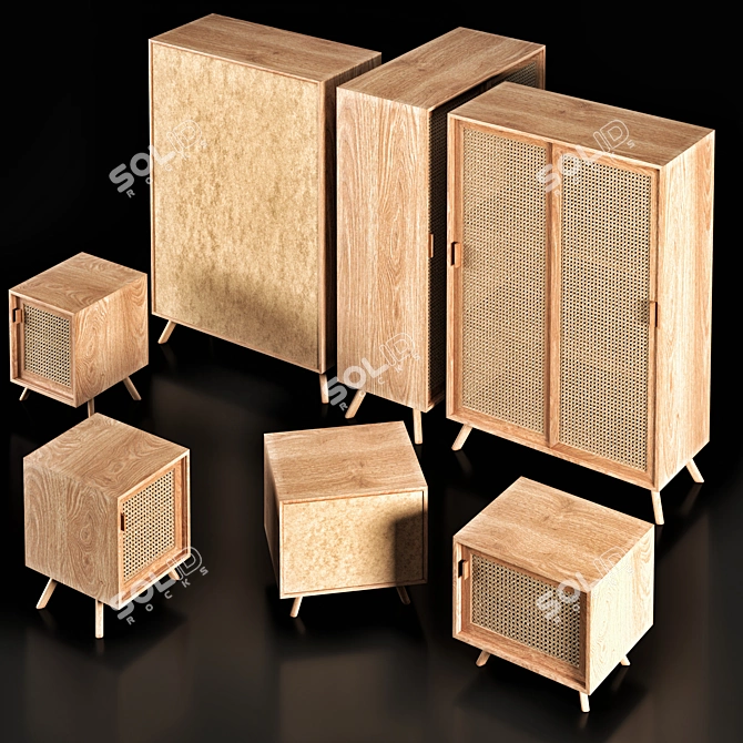 Elegant Wood & Wicker Bedside Set 3D model image 3
