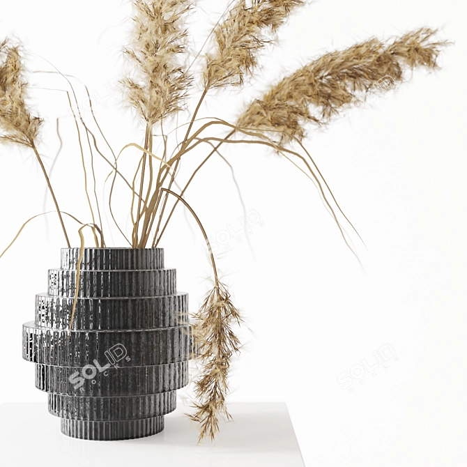 Sleek Black Vase with Pampas 3D model image 2