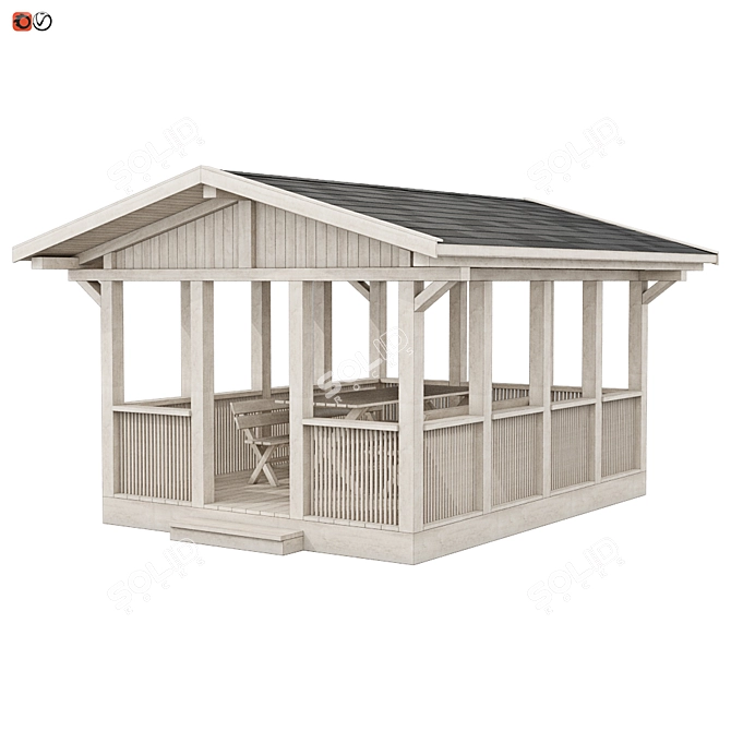 Wooden Rectangle Garden Gazebo with Benches & Table 3D model image 1