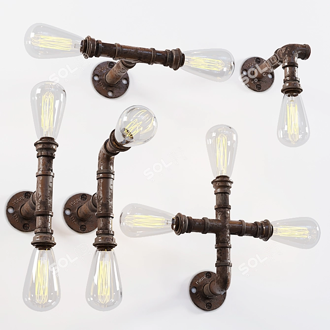 Vintage Industrial Pipe Wall Lamp 3D model image 1