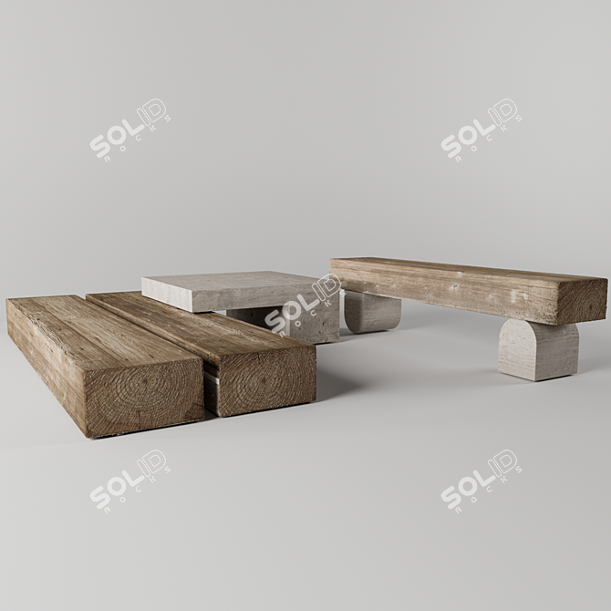 Travertine and Wooden Table Set 3D model image 3