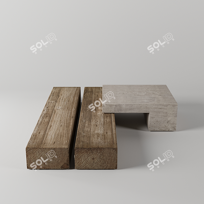 Travertine and Wooden Table Set 3D model image 5