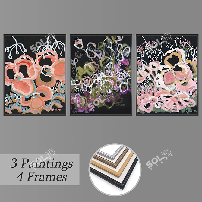 Set of 3 Wall Paintings with 4 Frame Options 3D model image 1
