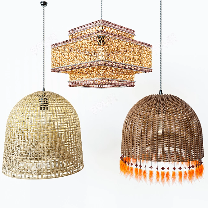 Rattan and Metal Lamp Set 3D model image 1