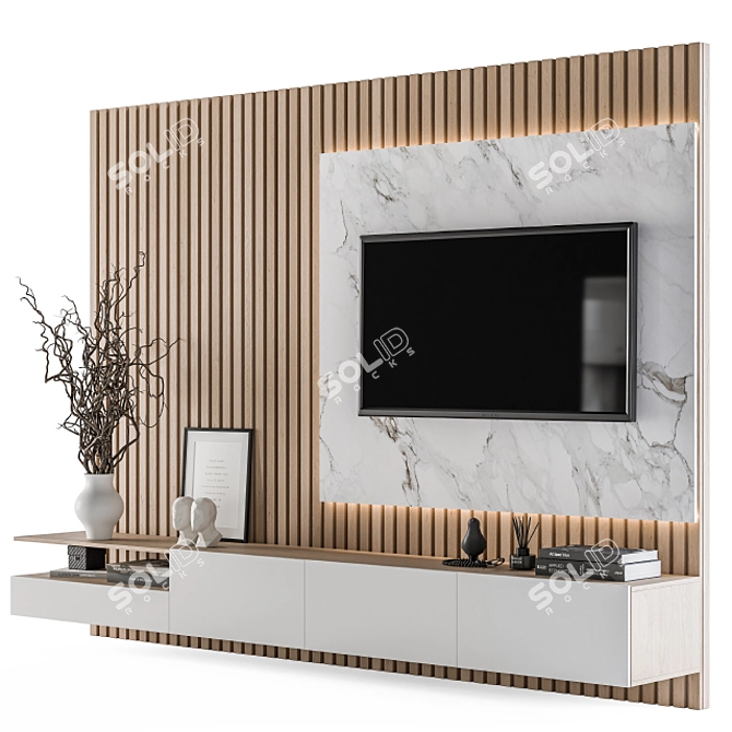 Elegant White Marble TV Wall 3D model image 4