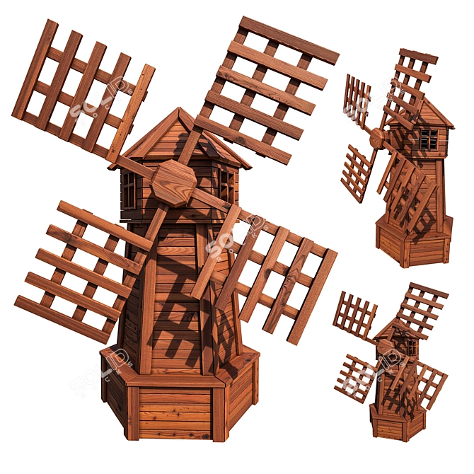 Rustic Wooden Garden Windmill 3D model image 5