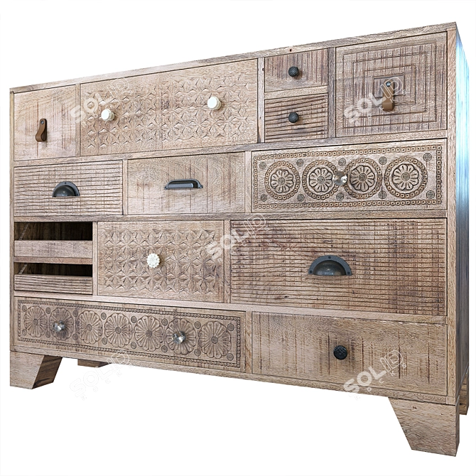  Puro Mango Wood Carved Sideboard 3D model image 3