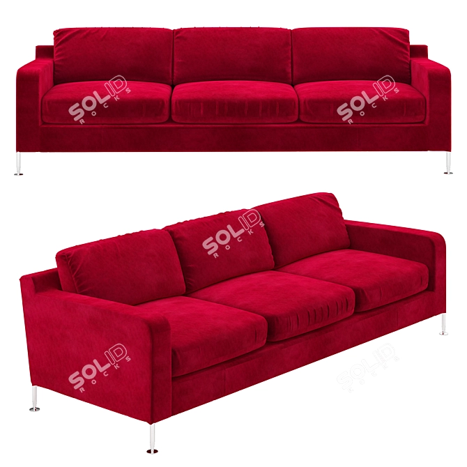 Luxurious Red Velvet Three-Seat Sofa 3D model image 1