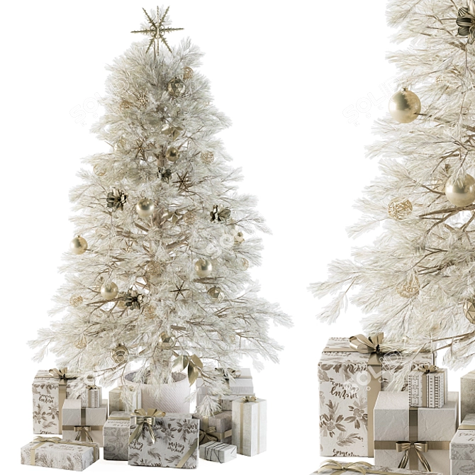 Snowy Celebration: White Christmas Tree with Gift 3D model image 1