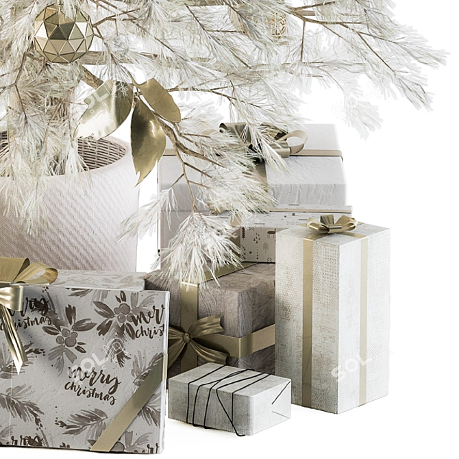 Snowy Celebration: White Christmas Tree with Gift 3D model image 4