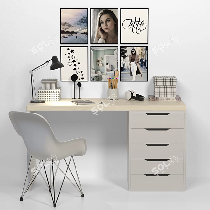 Modern Office Furniture Set: Desk, Chair, Bookshelf, Library, Lamp 3D model image 1