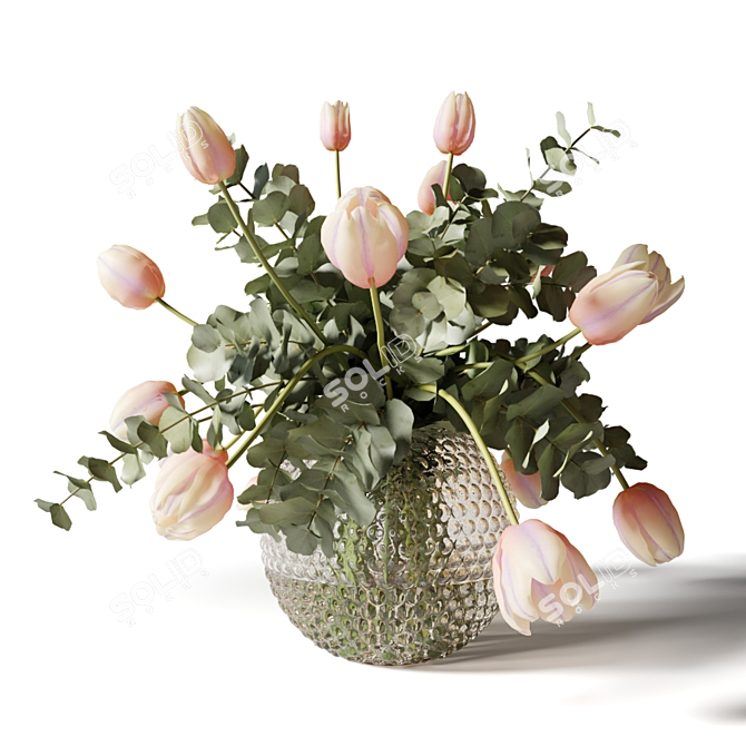 Eucalyptus & Tulip Bouquets in Glass Vases 3D model image 2