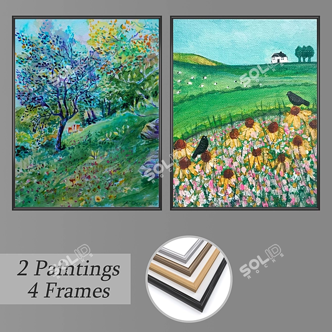 Modern Wall Painting Set with Frame Options 3D model image 1