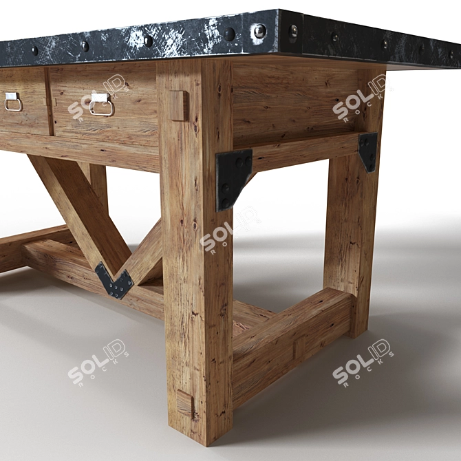 Rustic Steel Edged Wooden Table 3D model image 2