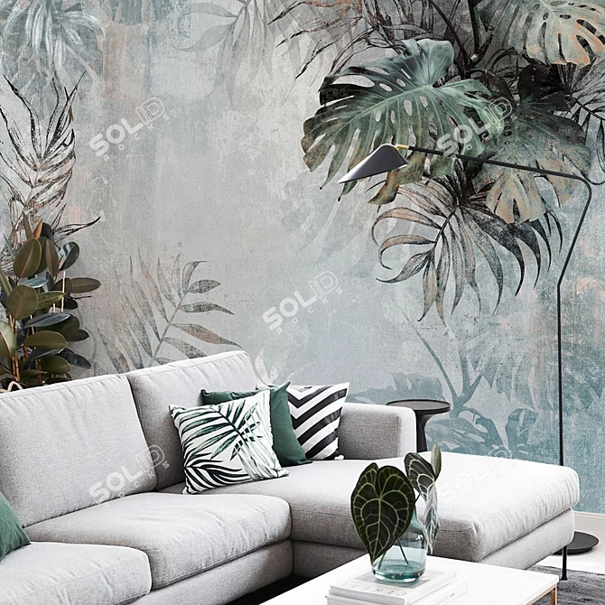 Grunge Tropical Leaves Wallpaper 3D model image 2