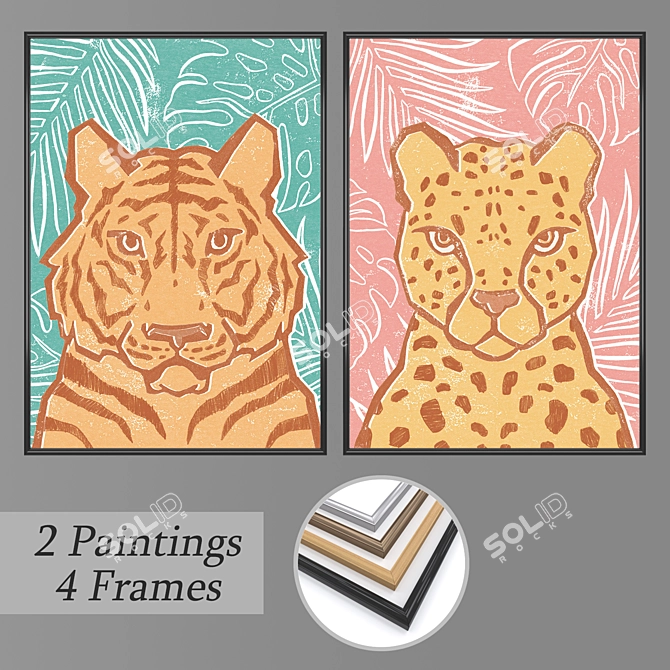 Modern Art Set: 2 Paintings, 4 Frame Options 3D model image 1