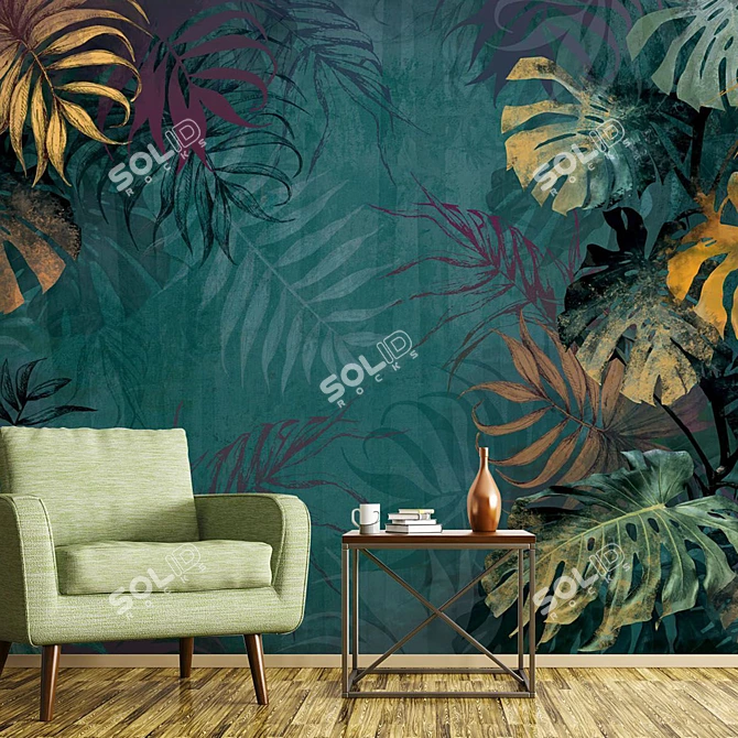 Title: Grunge Tropical Leaves Wallpaper - Eco-Murals Collection 3D model image 2