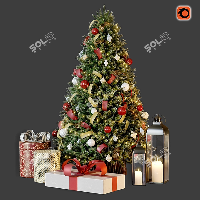 Christmas Bliss: Decorative Tree with Gifts & Lanterns 3D model image 1