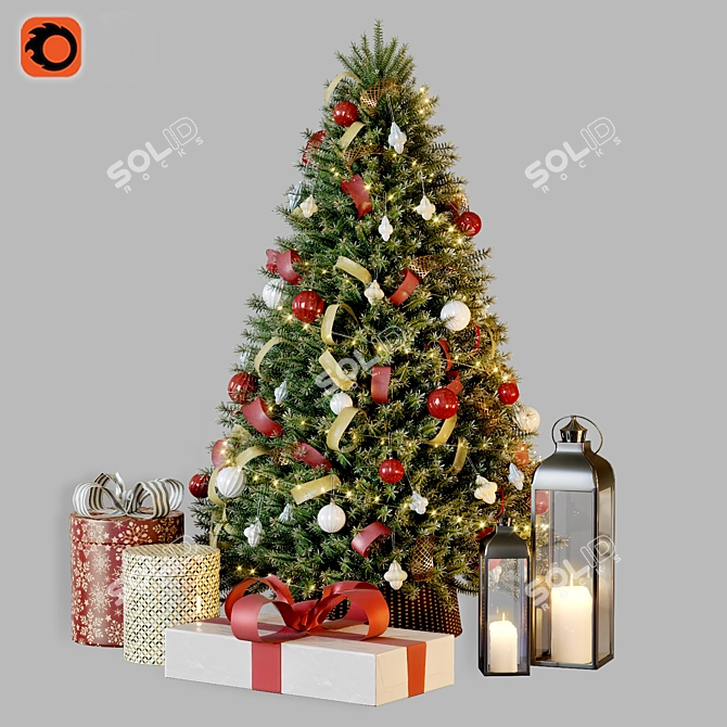 Christmas Bliss: Decorative Tree with Gifts & Lanterns 3D model image 4