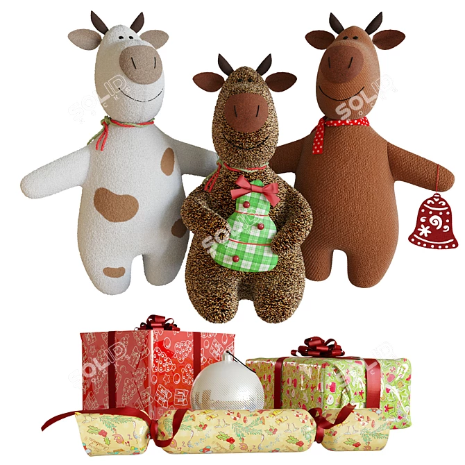 Soft Toy Bulls Set - 3 Bulls, 2 Gift Boxes, Ornament, Popper 3D model image 1