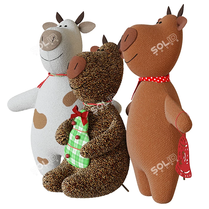 Soft Toy Bulls Set - 3 Bulls, 2 Gift Boxes, Ornament, Popper 3D model image 2