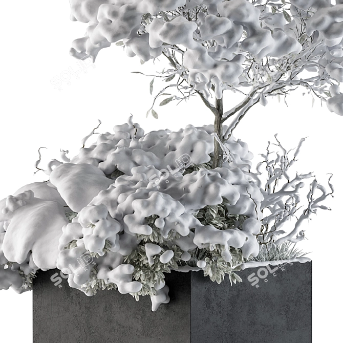 Snowy Outdoor Plant Set in Concrete Pot 3D model image 2