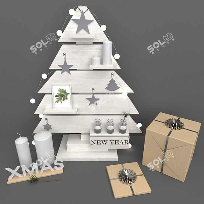 Wooden Fir Tree Christmas Set 3D model image 1