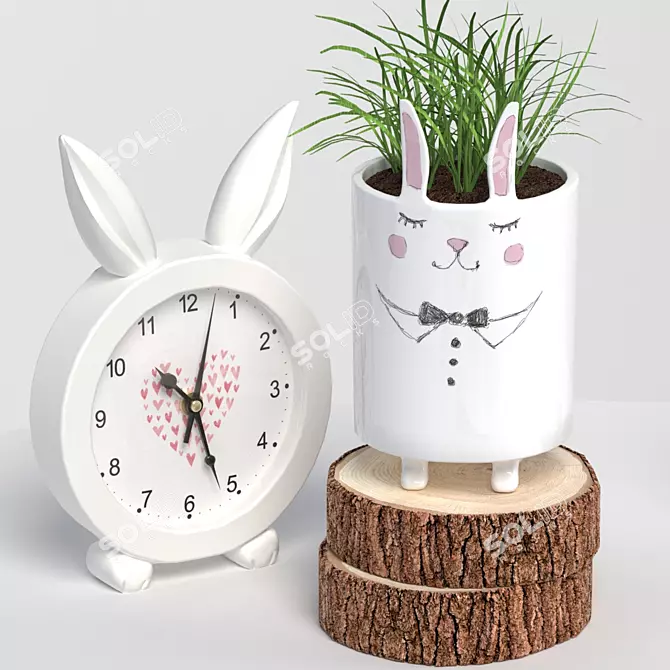 Decorative Rabbit Plant Set with Clock 3D model image 1