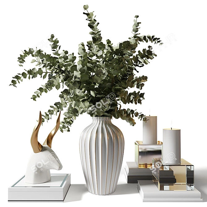 Elegant Eucalyptus Bouquet in Striped White Vase 3D model image 1