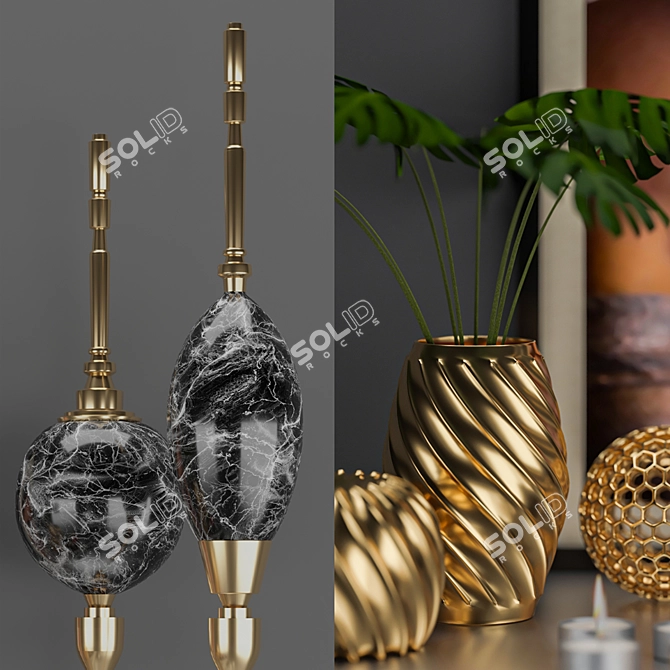 Golden Decor Set: Vines, Candlestick, Book 3D model image 3